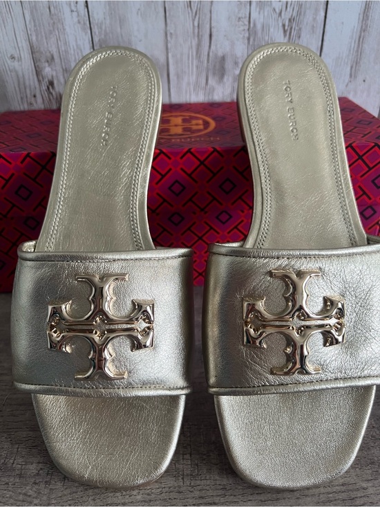 Tory Burch Shoes - Tory Burch Eleanor Gold Metallic Logo Leather Slide Sandals NEW Size 8.5